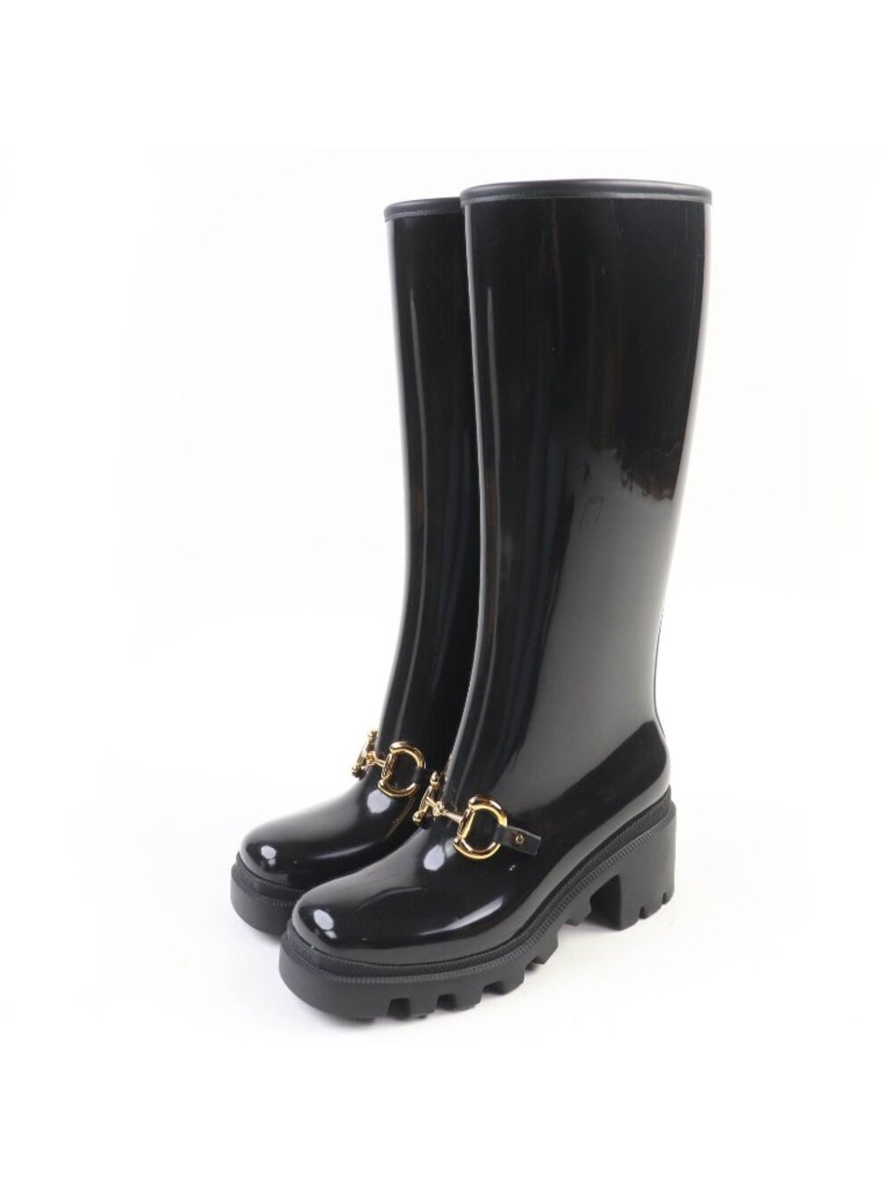 Gucci Horsebit Rubber Long Boots Rain Shoes Black Gold